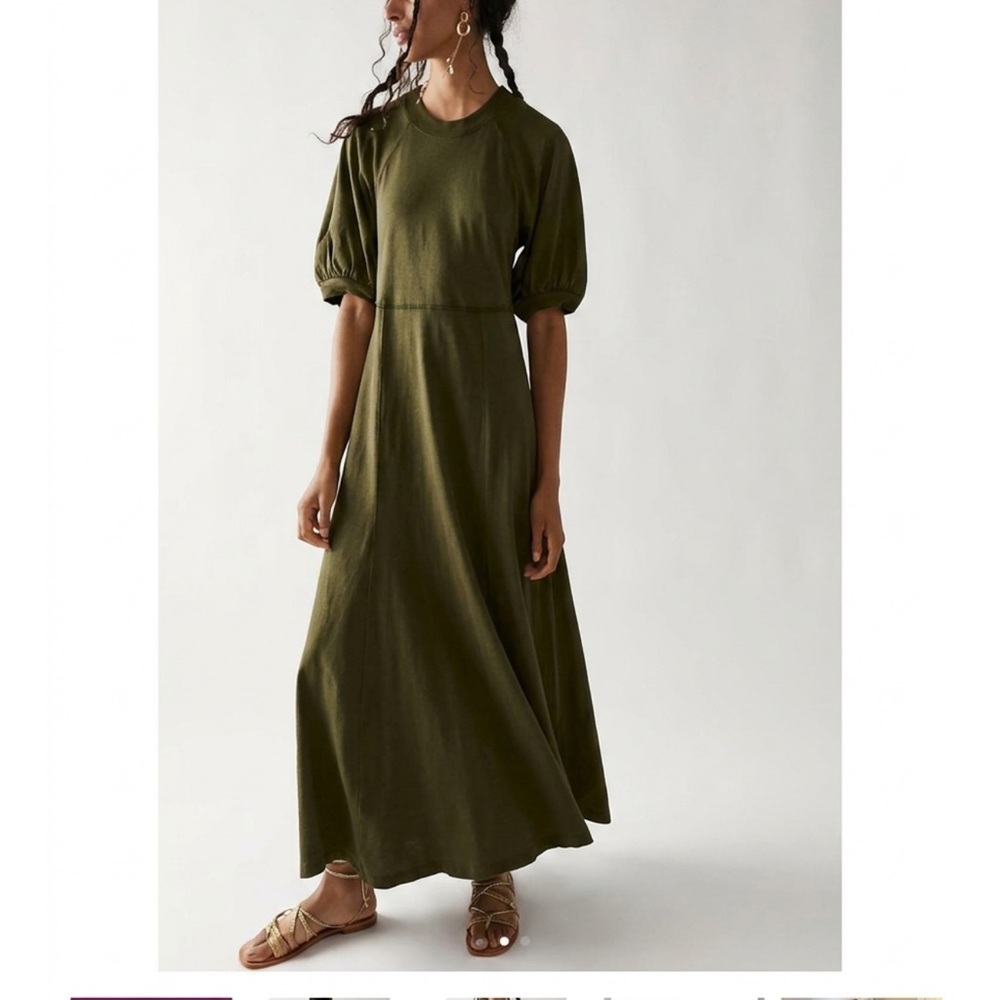 Free People Beach Brentwood Puff Sleeve Maxi Olive Green Cotton Relaxed Fit-S